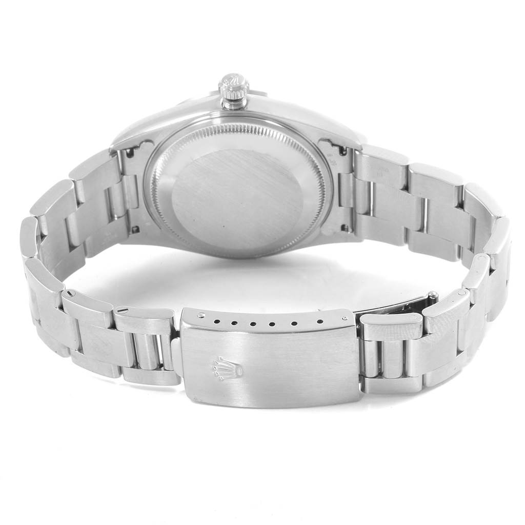 The image shows the back view of a Rolex Date 15200 Men's Stainless Steel White Dial 15200 Men's Stainless Steel White Dial model, highlighting the clasp, bracelet, and case back.
