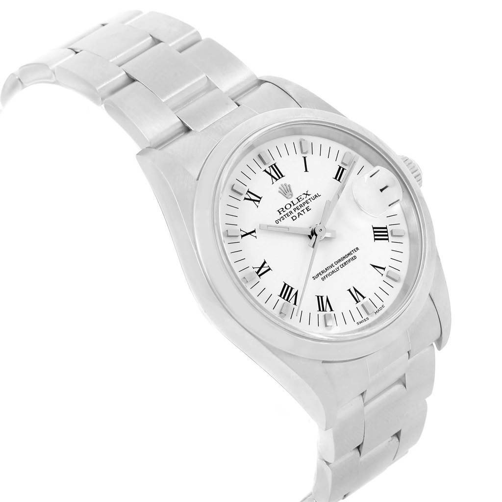 The image shows a side angle view of a Rolex Date 15200 Men's Stainless Steel White Dial 15200 Men's Stainless Steel White Dial model, highlighting its stainless steel bracelet and white dial with Roman numerals.