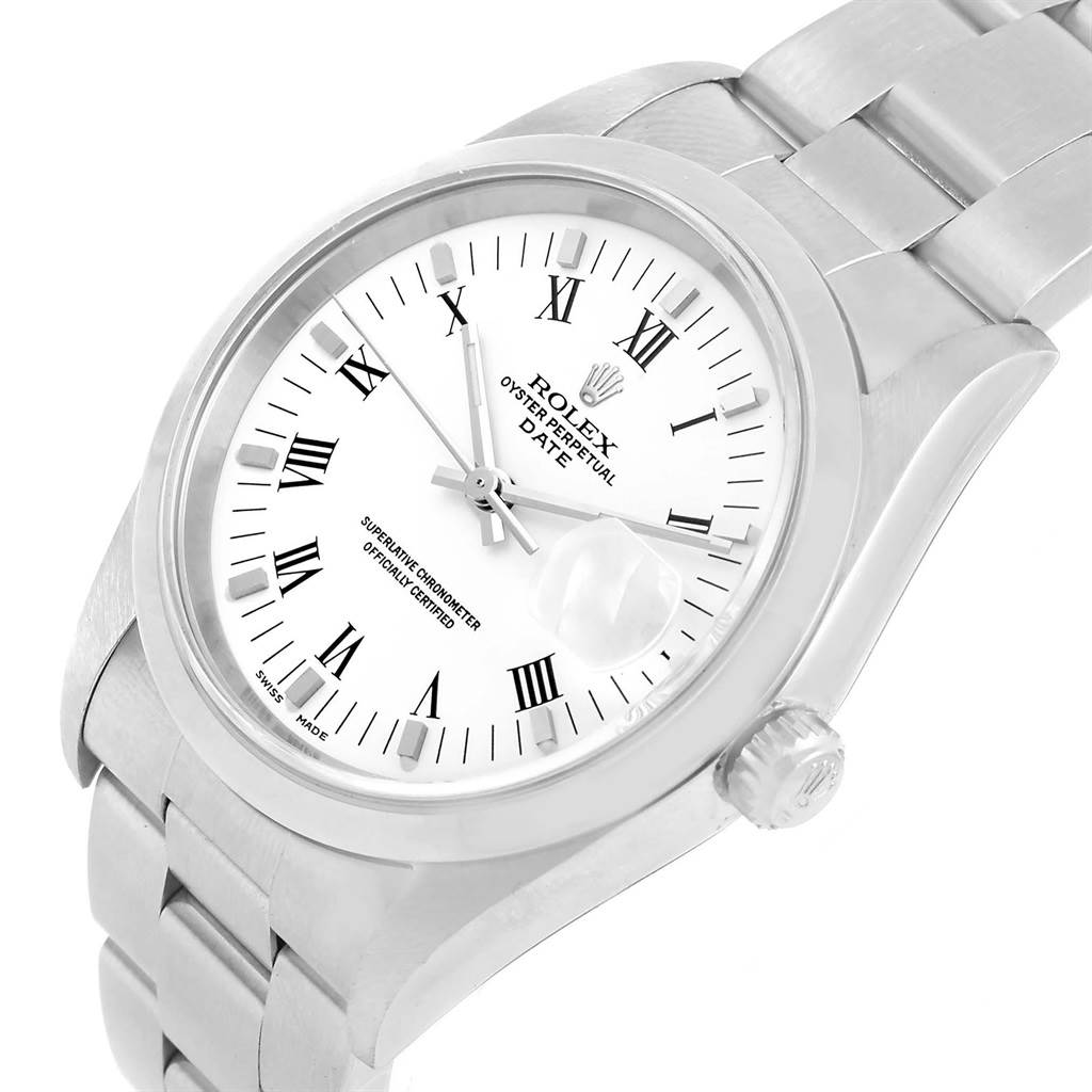 The image shows a close-up of the Rolex Oyster Perpetual Date watch, highlighting the dial, crown, and part of the bracelet.