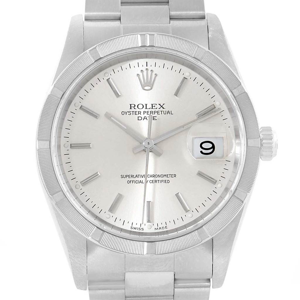 The image shows a straight-on view of a Rolex Date 15210 Men's Stainless Steel Silver Dial 15210 Men's Stainless Steel Silver Dial model watch, highlighting its face, date window, hands, and bracelet.