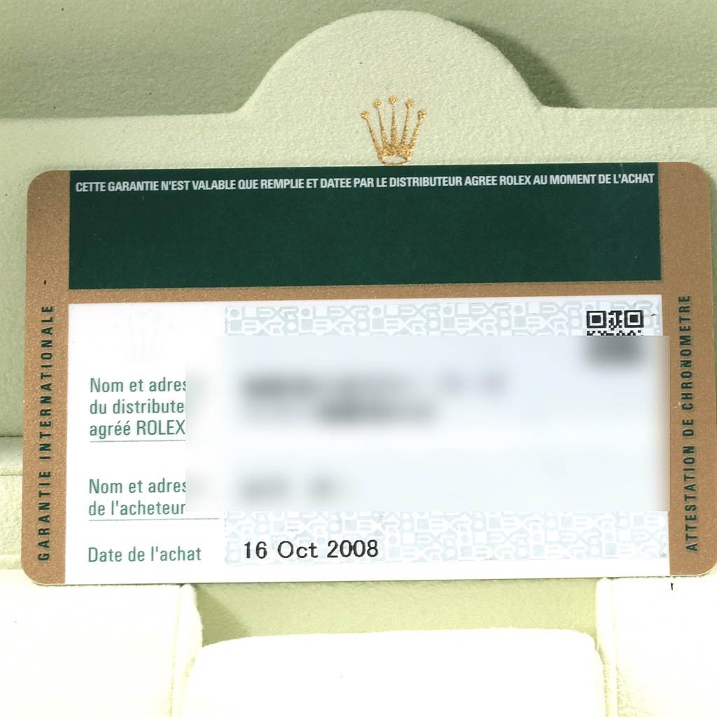 This image shows the warranty card for the Rolex Date 15210 Men's Stainless Steel Silver Dial 15210 Men's Stainless Steel Silver Dial model watch, dated October 16, 2008.