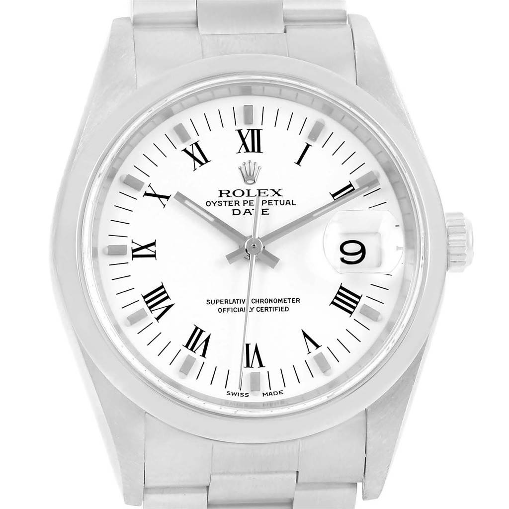 This Rolex Date 15200 Men's Stainless Steel White Dial 15200 Men's Stainless Steel White Dial model watch is shown from a front angle, displaying the dial, hands, date window, bezel, and part of the bracelet.
