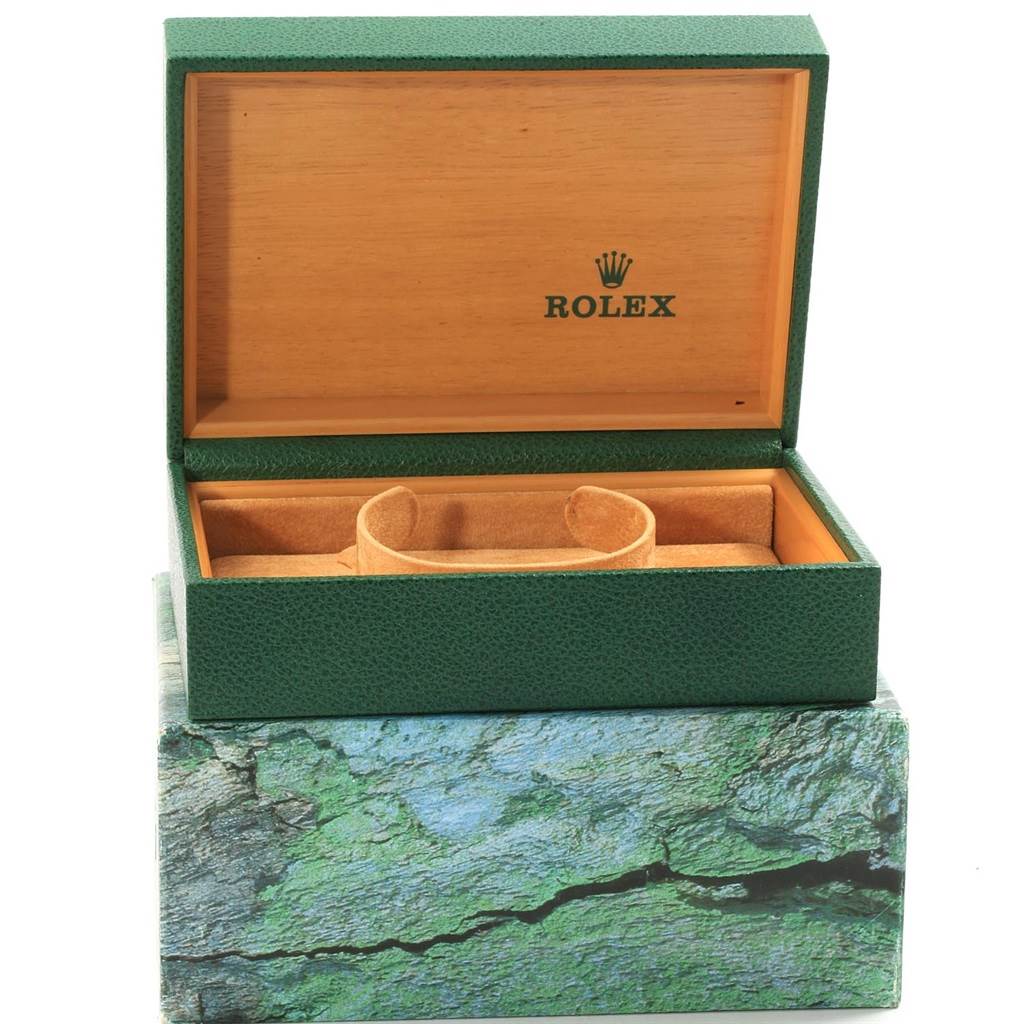 The image shows a Rolex Date 15200 Men's Stainless Steel White Dial 15200 Men's Stainless Steel White Dial model watch box, open, revealing its interior.