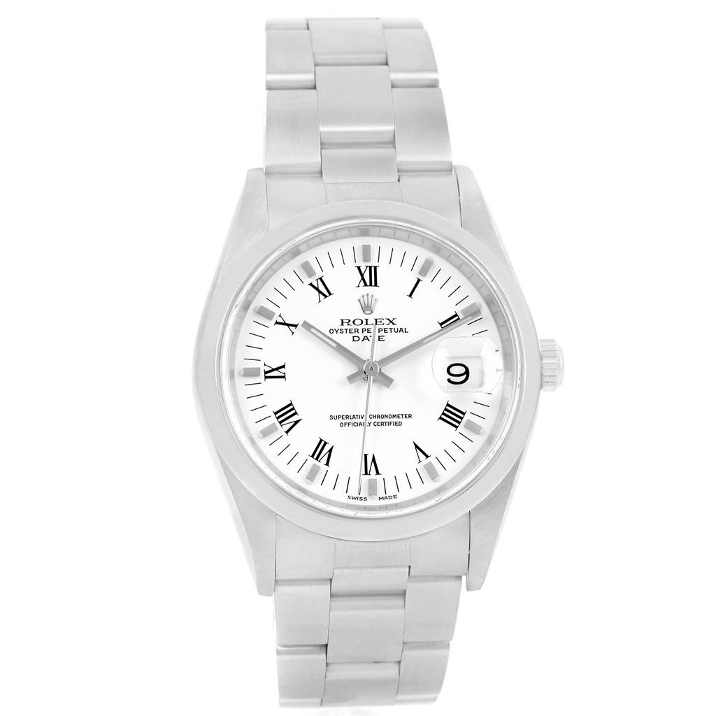 The Rolex Date 15200 Men's Stainless Steel White Dial 15200 Men's Stainless Steel White Dial model is shown from a front angle, highlighting its dial, case, bezel, bracelet, and date window.
