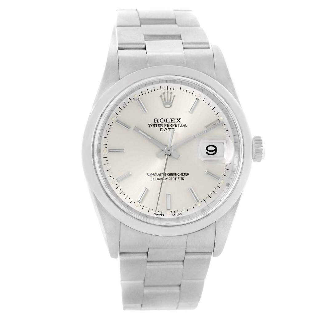 This image shows a front view of a Rolex Date 15200 Men's Stainless Steel Silver Dial 15200 Men's Stainless Steel Silver Dial model watch, featuring its dial, bezel, crown, and bracelet.