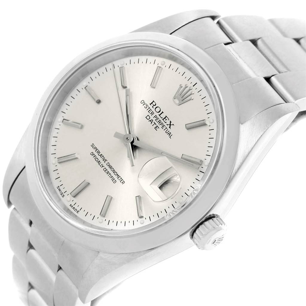 This image shows a side-angle view of the Rolex Date 15200 Men's Stainless Steel Silver Dial 15200 Men's Stainless Steel Silver Dial model watch, highlighting the dial, bracelet, and crown.