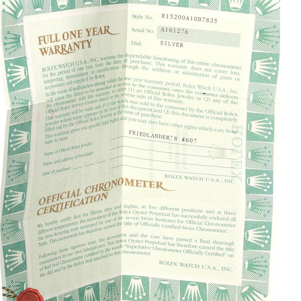 The image shows the warranty and chronometer certification documents for a Rolex Date 15200 Men's Stainless Steel Silver Dial 15200 Men's Stainless Steel Silver Dial model watch.