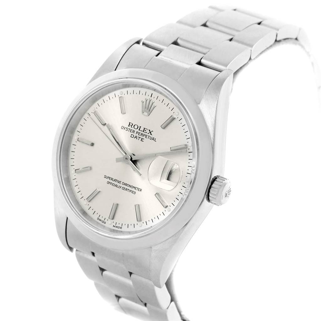 The image shows a Rolex Date 15200 Men's Stainless Steel Silver Dial 15200 Men's Stainless Steel Silver Dial watch from a front angle, displaying the face, bezel, crown, and part of the bracelet.