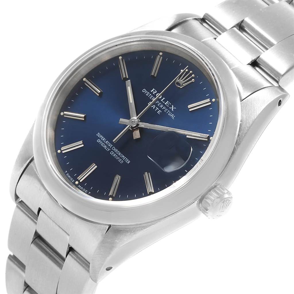 This image shows a Rolex Date 15200 Men's Stainless Steel Blue Dial 15200 Men's Stainless Steel Blue Dial model watch at a slight angle, focusing on the blue dial, case, crown, and bracelet.