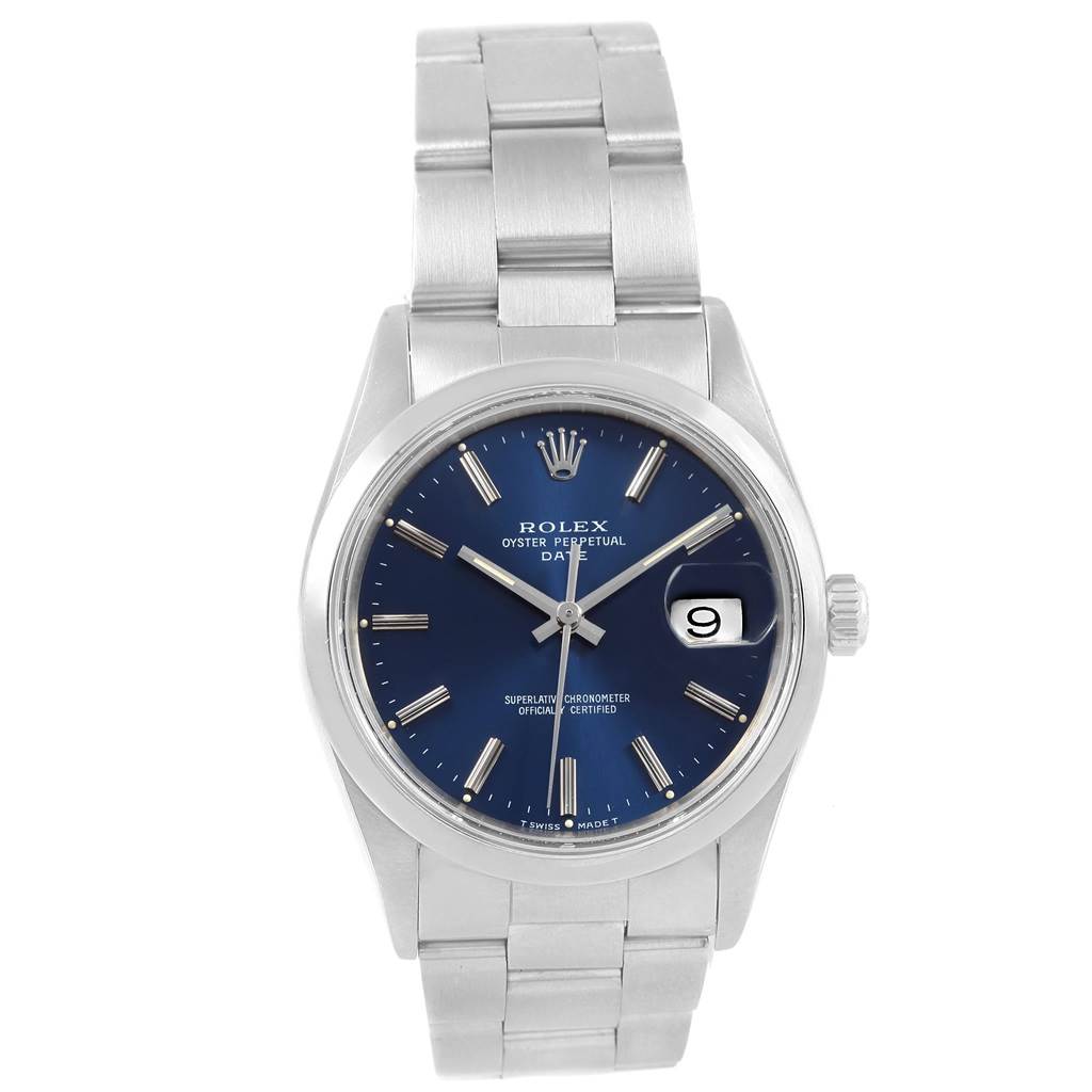 This image shows a frontal view of a Rolex Date 15200 Men's Stainless Steel Blue Dial 15200 Men's Stainless Steel Blue Dial model watch, displaying its dial, bezel, bracelet, and crown.