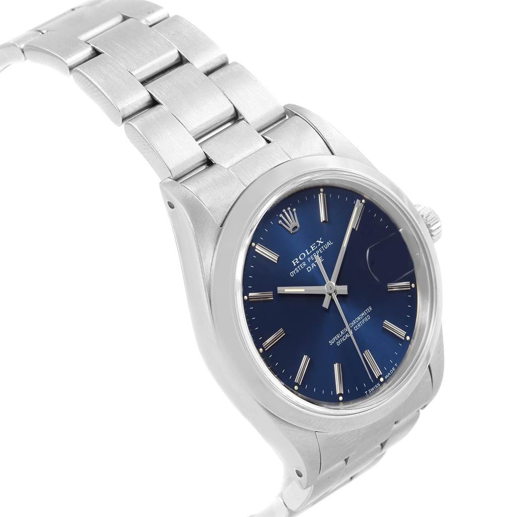 The image shows a side angle of a Rolex Date 15200 Men's Stainless Steel Blue Dial 15200 Men's Stainless Steel Blue Dial model watch, featuring its blue dial, stainless steel case, and bracelet.