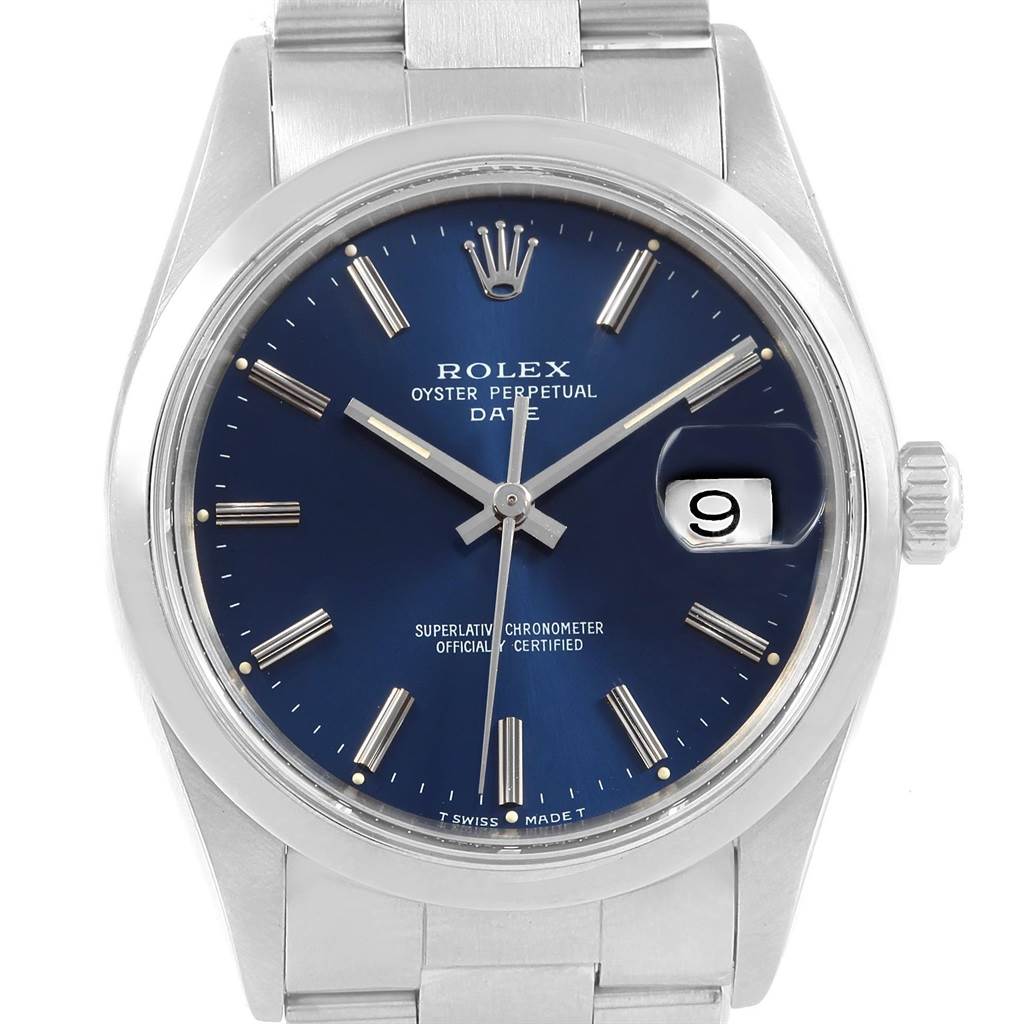 The image shows a frontal view of the Rolex Date 15200 Men's Stainless Steel Blue Dial 15200 Men's Stainless Steel Blue Dial model watch, displaying the dial, hands, hour markers, and date window.