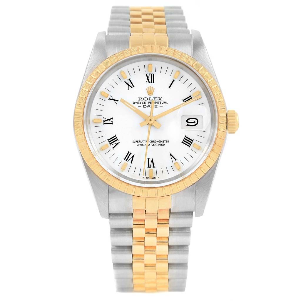 This is a Rolex Date 15053 Men's Steel and Gold (two tone) White Dial 15053 Men's Steel and Gold (two tone) White Dial watch, showing a front view of the face, bezel, crown, and bracelet.
