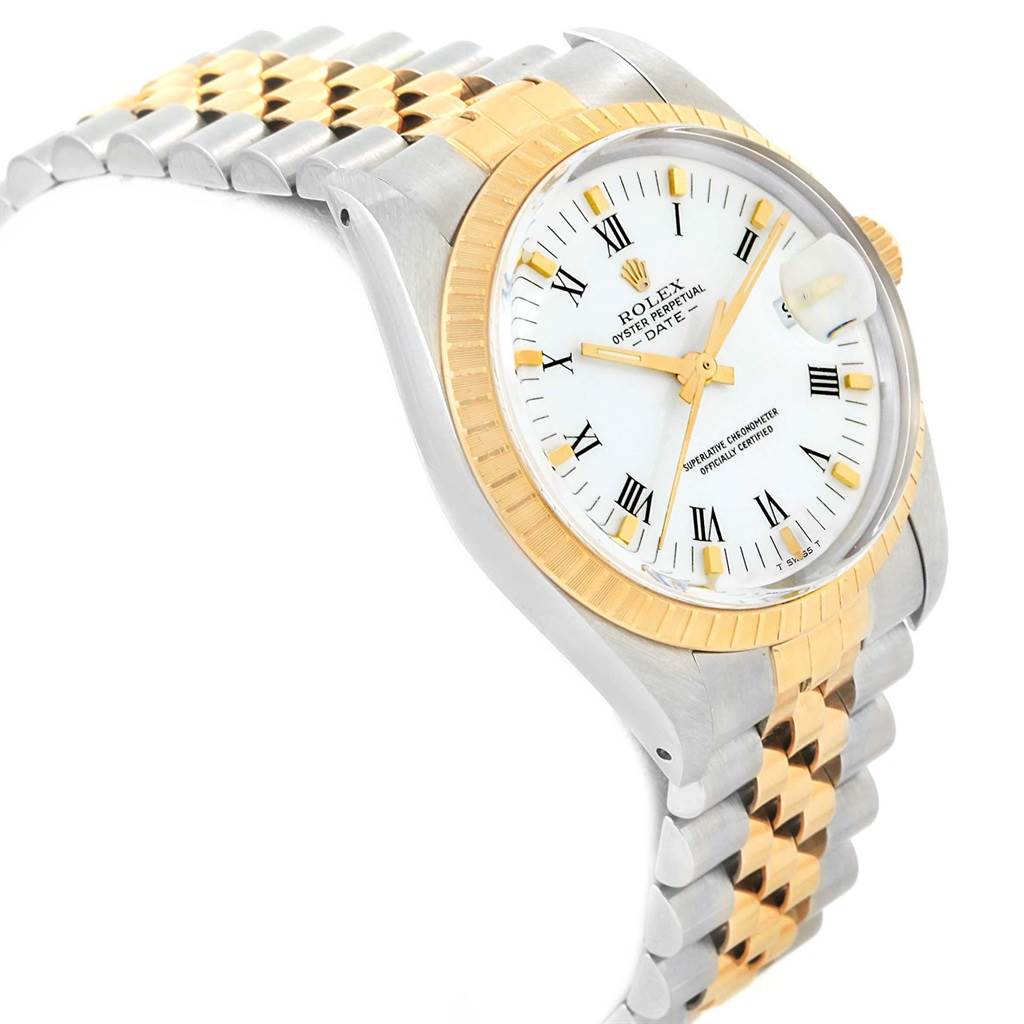 The image shows a Rolex Date 15053 Men's Steel and Gold (two tone) White Dial 15053 Men's Steel and Gold (two tone) White Dial model watch from an angled side view, highlighting the dial, bezel, and bracelet.