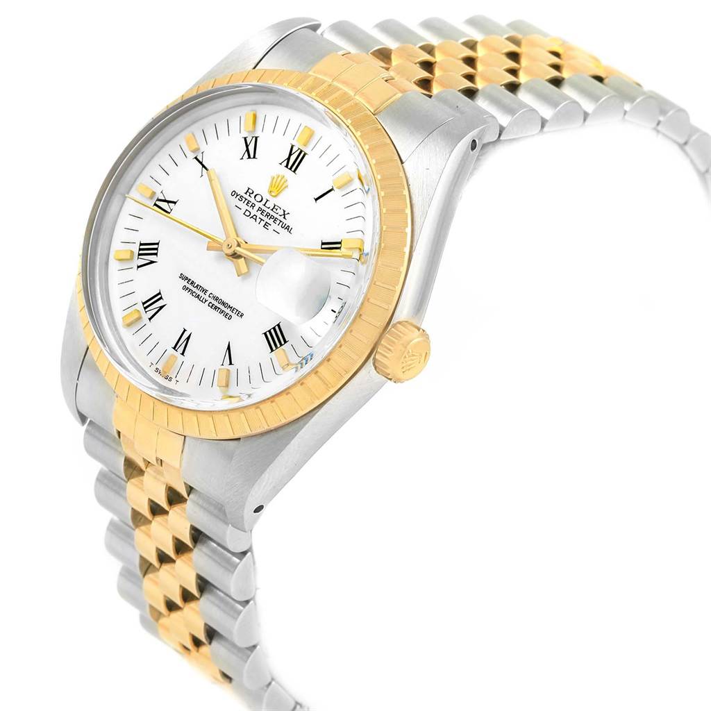 This is a side and slightly top angle view of the Rolex Date 15053 Men's Steel and Gold (two tone) White Dial 15053 Men's Steel and Gold (two tone) White Dial model watch, showcasing its dial, bezel, crown, and bracelet.