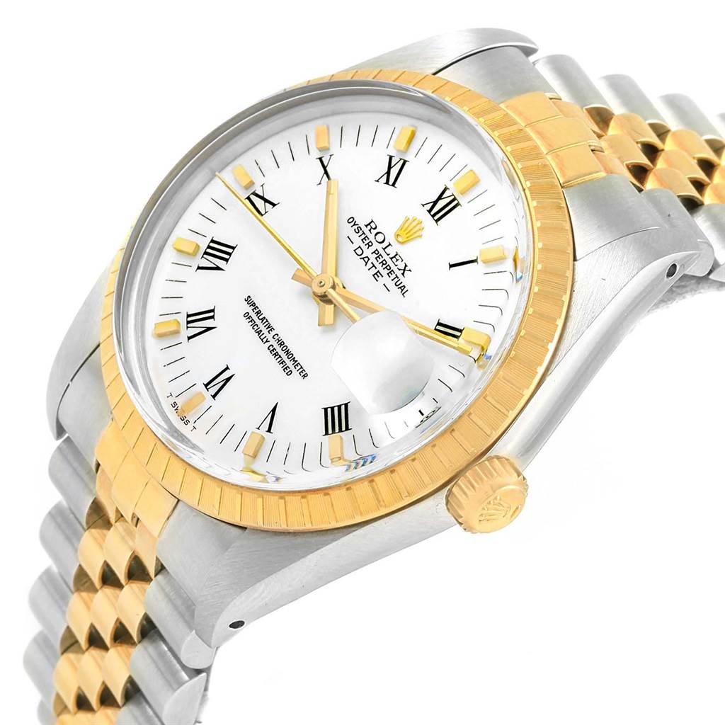 This image shows a Rolex Date 15053 Men's Steel and Gold (two tone) White Dial 15053 Men's Steel and Gold (two tone) White Dial model watch at an oblique angle, highlighting the bezel, dial, crown, and part of the bracelet.