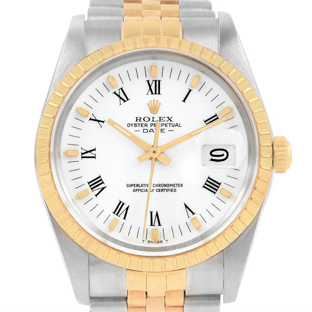This image shows a frontal view of the Rolex Date 15053 Men's Steel and Gold (two tone) White Dial 15053 Men's Steel and Gold (two tone) White Dial model, displaying the dial, hands, date window, bezel, and part of the bracelet.