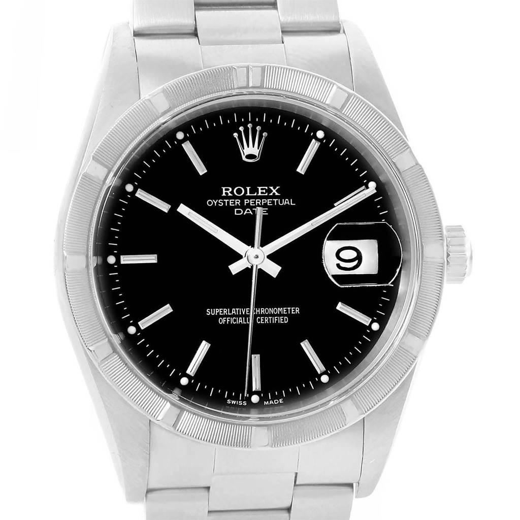 This Rolex Date 15210 Men's Stainless Steel Black Dial 15210 Men's Stainless Steel Black Dial model watch is shown from a front angle, displaying the dial, bezel, and bracelet.