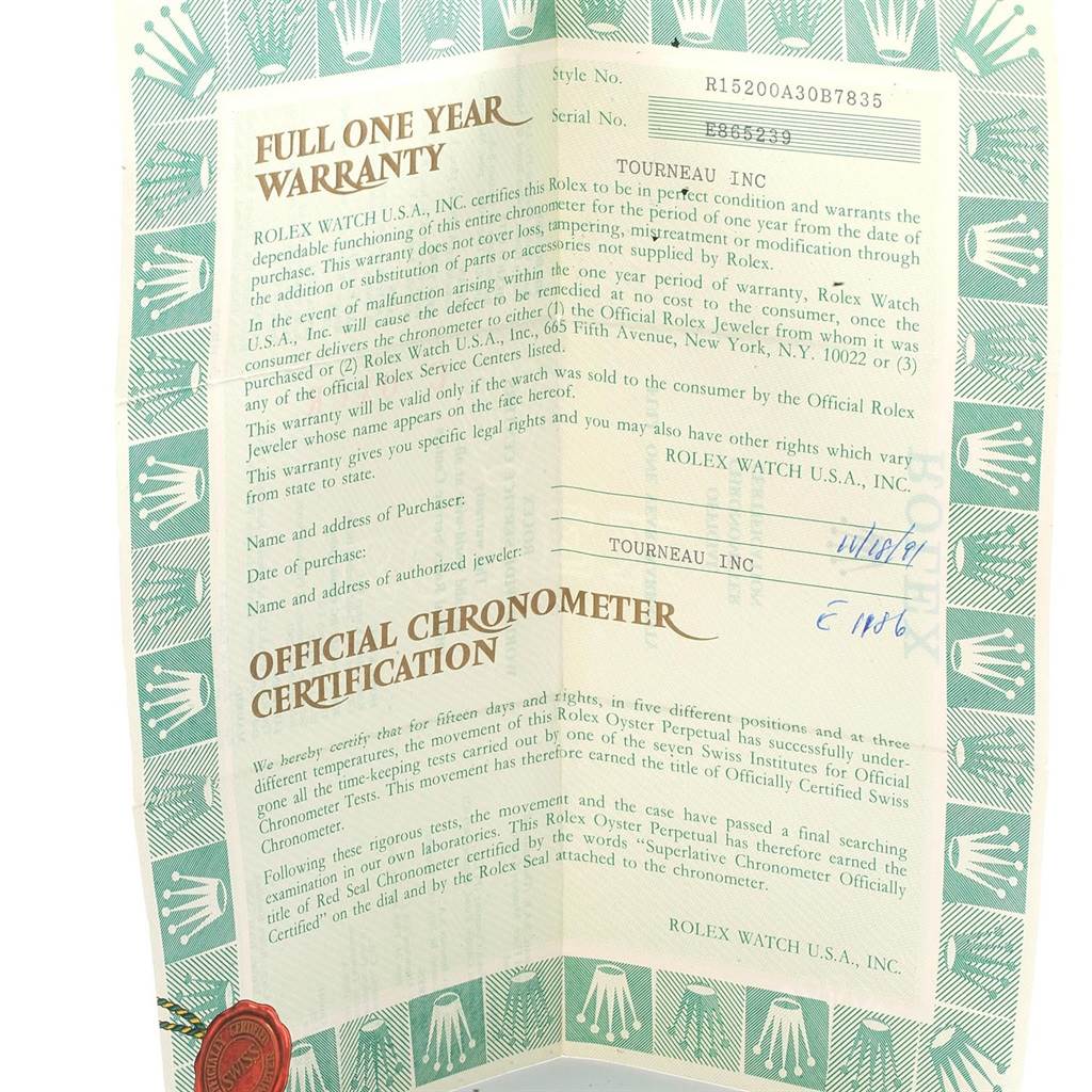 The image shows warranty and certification papers for a Rolex Date 15200 Men's Stainless Steel Black Dial 15200 Men's Stainless Steel Black Dial model watch.