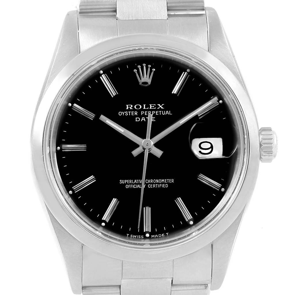 This image displays a frontal view of a Rolex Date 15200 Men's Stainless Steel Black Dial 15200 Men's Stainless Steel Black Dial model watch, showing the dial, hands, crown, and part of the bracelet.