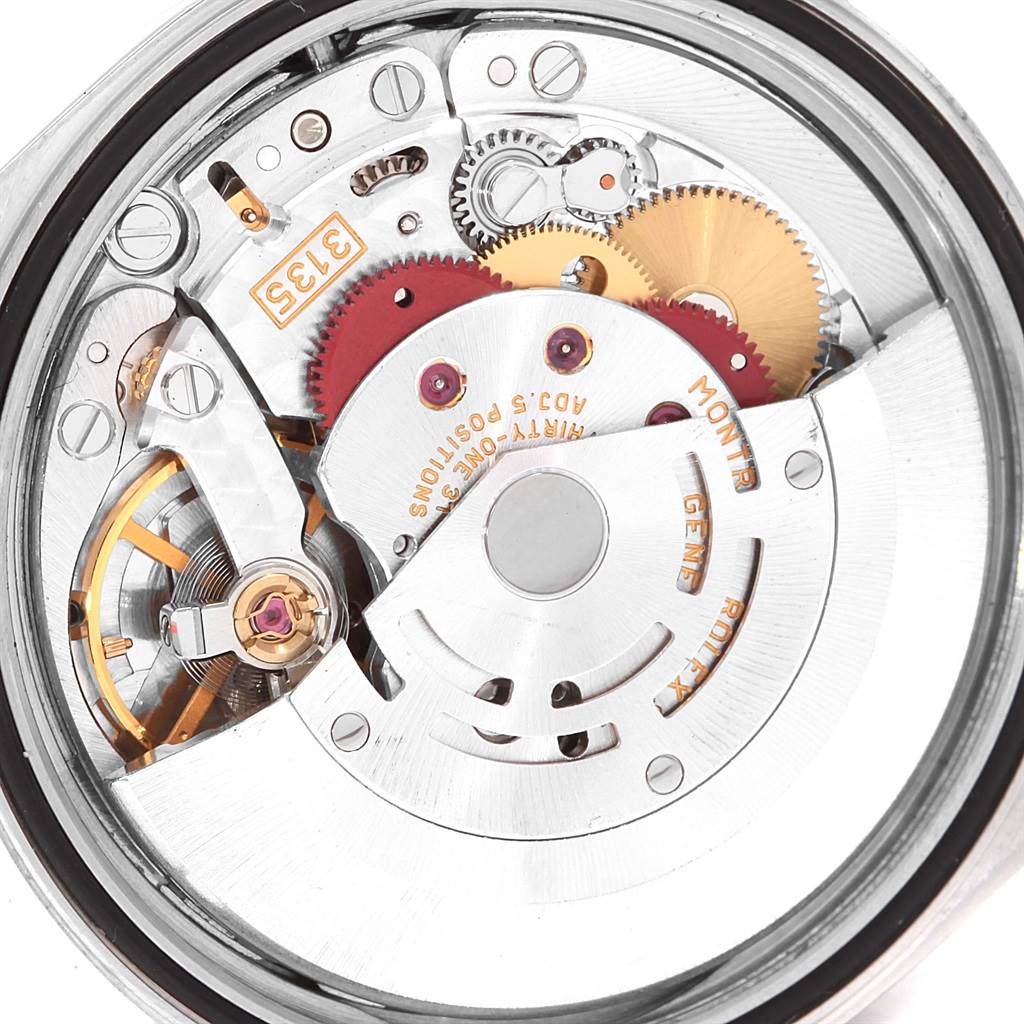 This image shows the movement mechanism of a Rolex Date 16200 Men's Stainless Steel Black Dial 16200 Men's Stainless Steel Black Dial model watch from a rear angle.