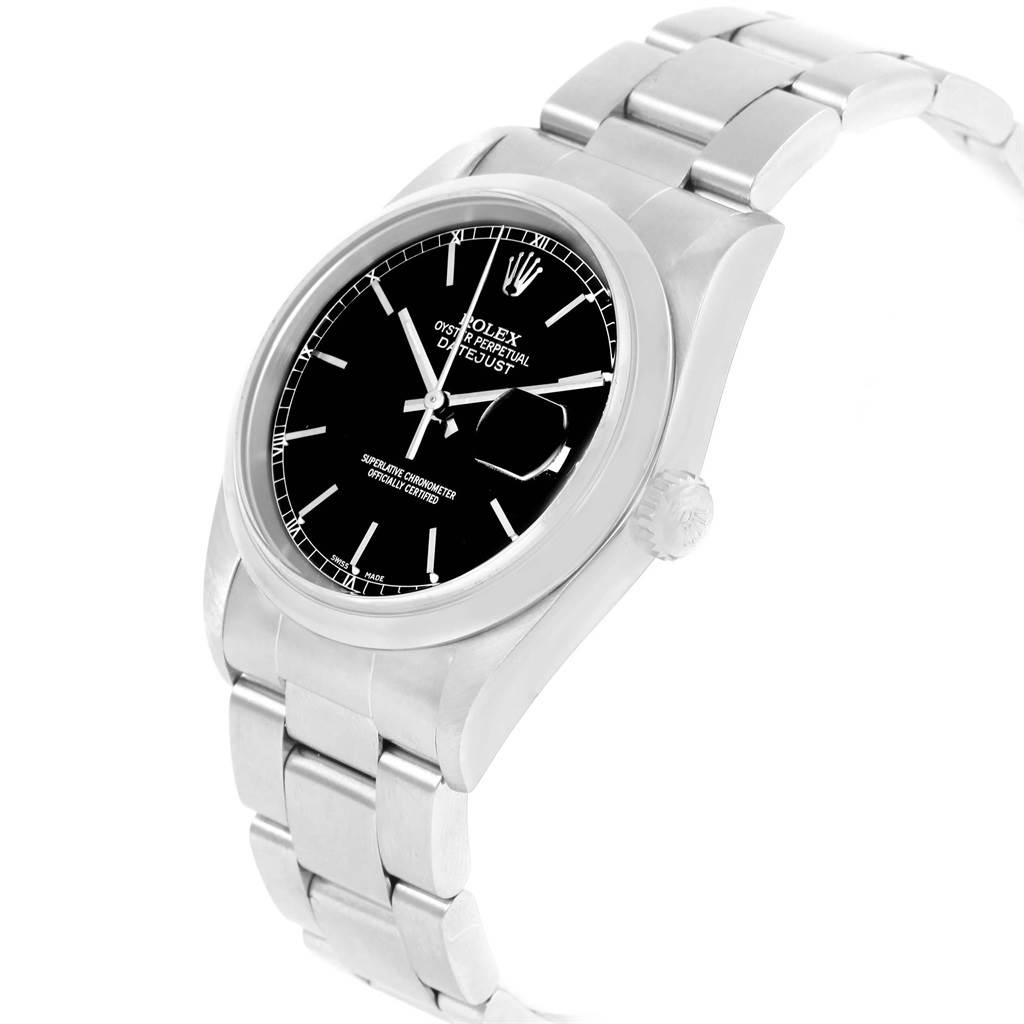 This image shows a Rolex Date 16200 Men's Stainless Steel Black Dial 16200 Men's Stainless Steel Black Dial model watch at an angled view, highlighting the dial, case, crown, and bracelet.