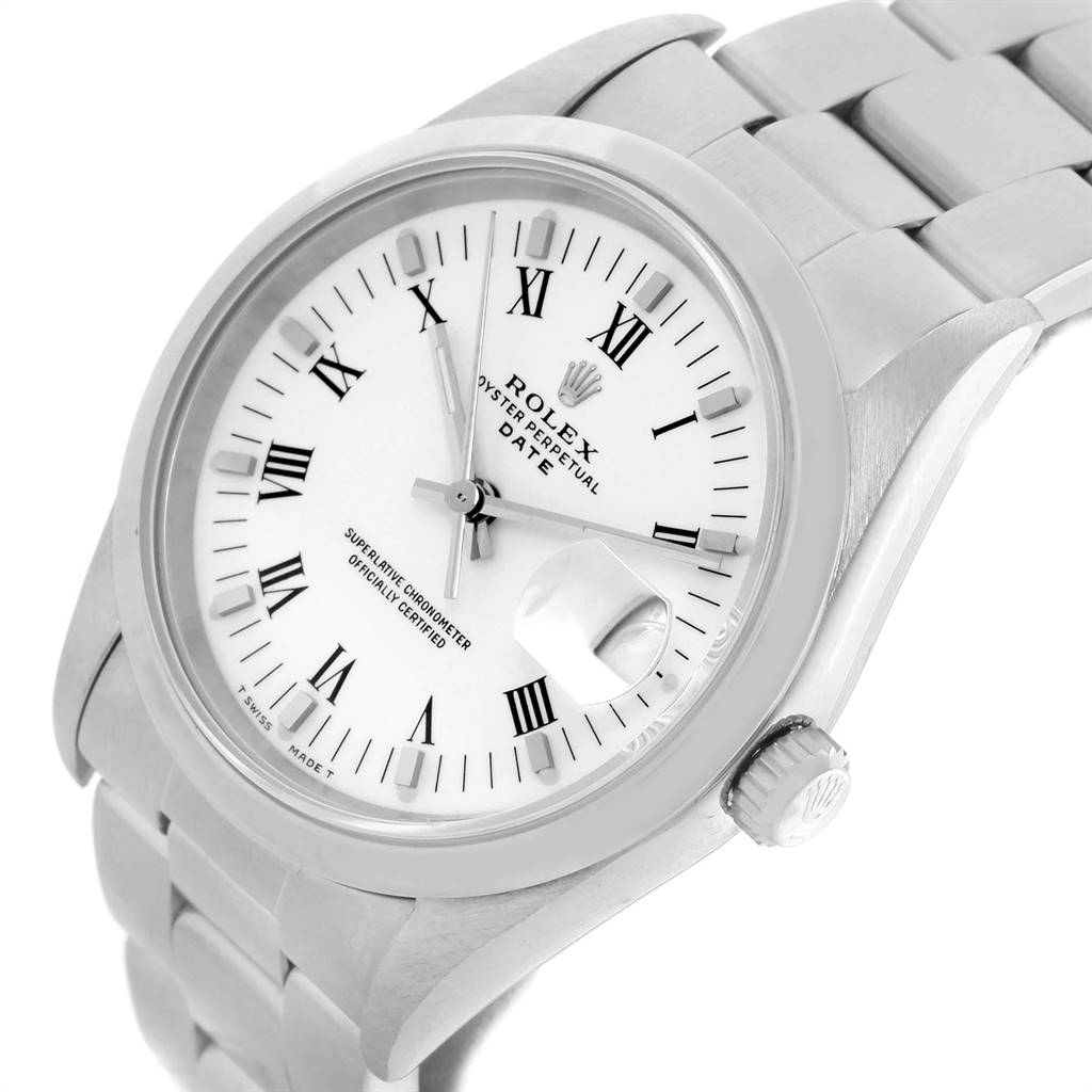 The image shows a Rolex Date 15200 Men's Stainless Steel White Dial 15200 Men's Stainless Steel White Dial model watch at a slight angle, highlighting its face, Roman numerals, crown, and part of its bracelet.