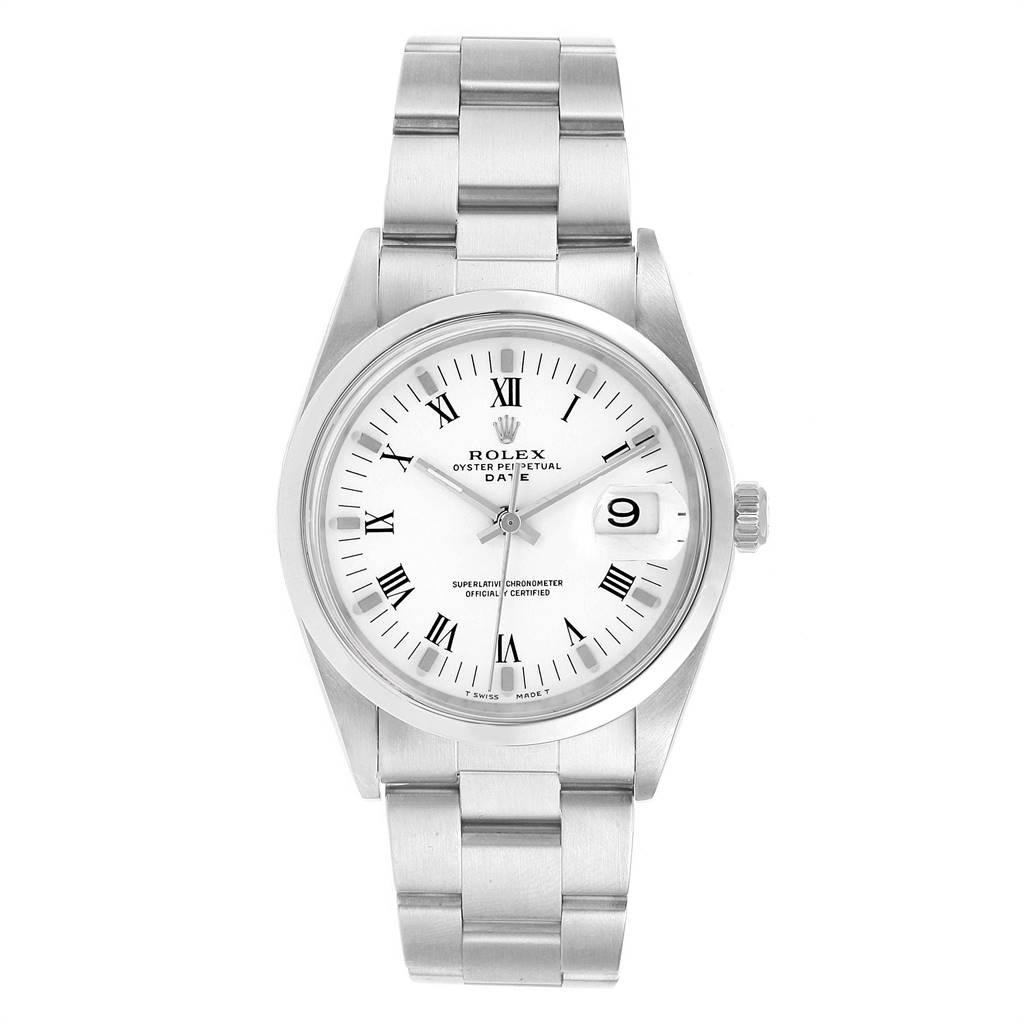 This image shows a Rolex Date 15200 Men's Stainless Steel White Dial 15200 Men's Stainless Steel White Dial model watch from a front angle, displaying the watch face, bezel, crown, and bracelet.