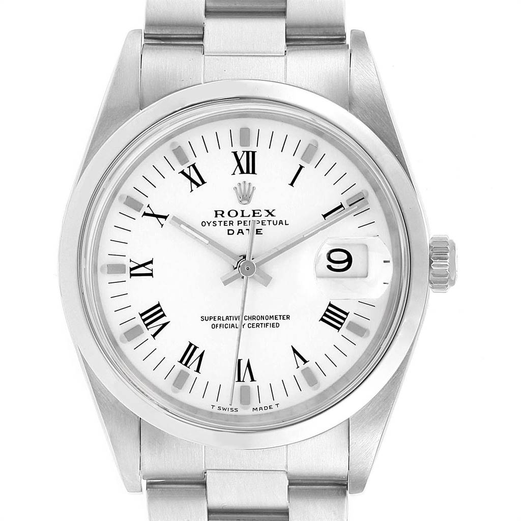 The image shows a front view of a Rolex Date 15200 Men's Stainless Steel White Dial 15200 Men's Stainless Steel White Dial model watch, displaying the face, bezel, and part of the bracelet.
