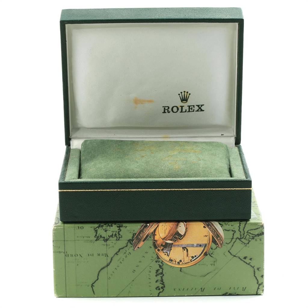 The image shows an open Rolex Date 15200 Men's Stainless Steel White Dial 15200 Men's Stainless Steel White Dial model watch box from a front angle, without the watch inside.