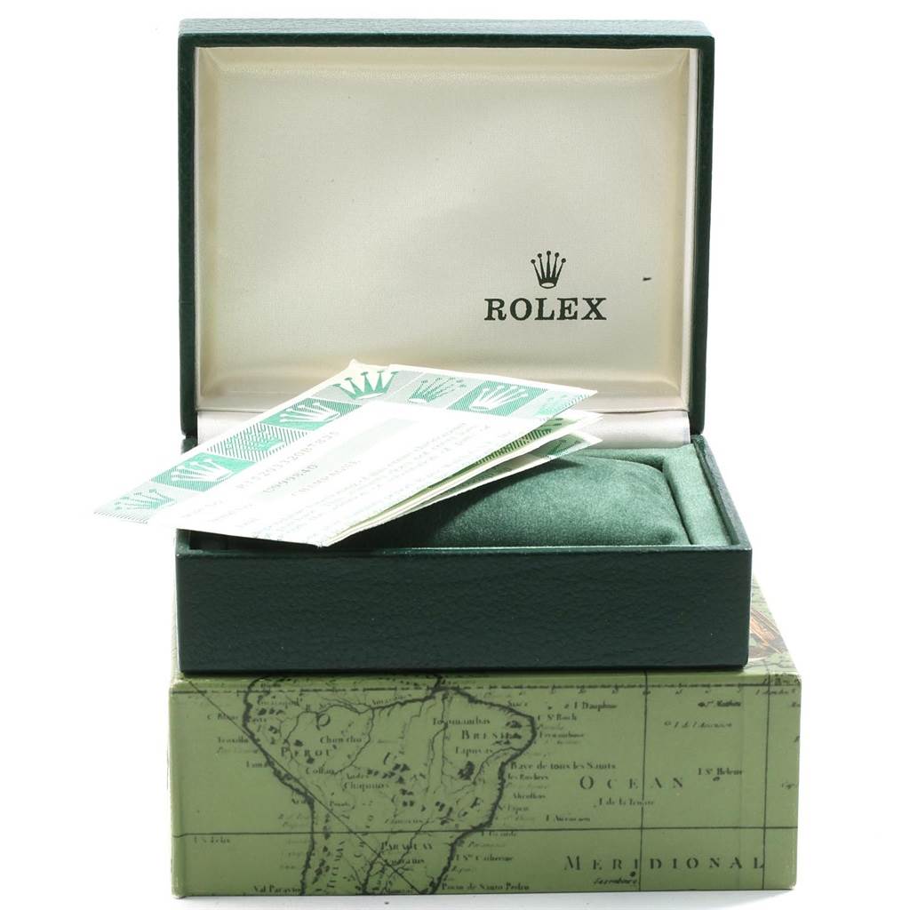 The image shows the open box and documentation for a Rolex Date 15203 Men's Steel and Gold (two tone) Champagne Dial 15203 Men's Steel and Gold (two tone) Champagne Dial model watch.