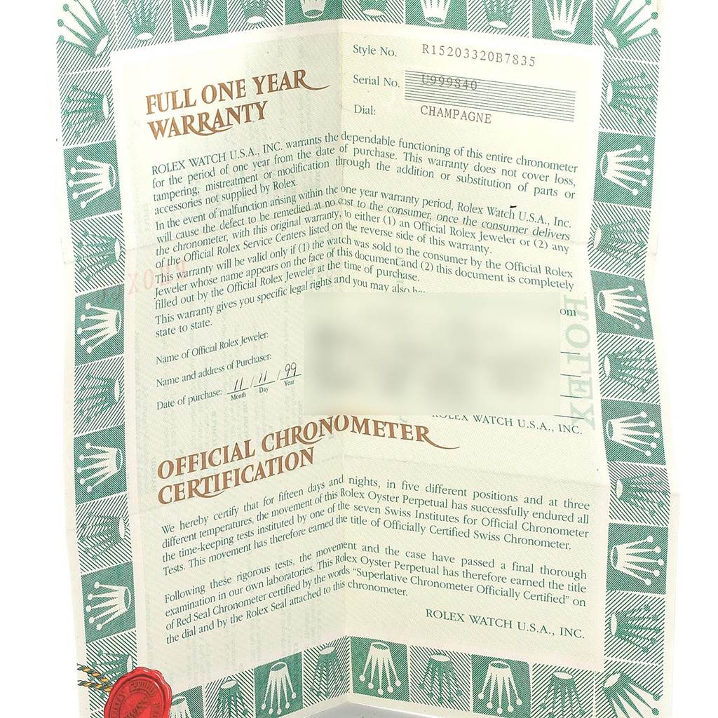 The image shows a warranty and official chronometer certification document for a Rolex Date 15203 Men's Steel and Gold (two tone) Champagne Dial 15203 Men's Steel and Gold (two tone) Champagne Dial model watch.