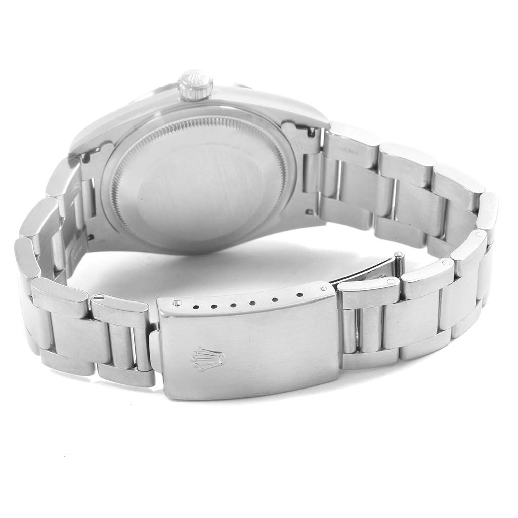 The image shows the backside and clasp of the Rolex Date 16220 Men's Stainless Steel Silver Dial 16220 Men's Stainless Steel Silver Dial model watch.