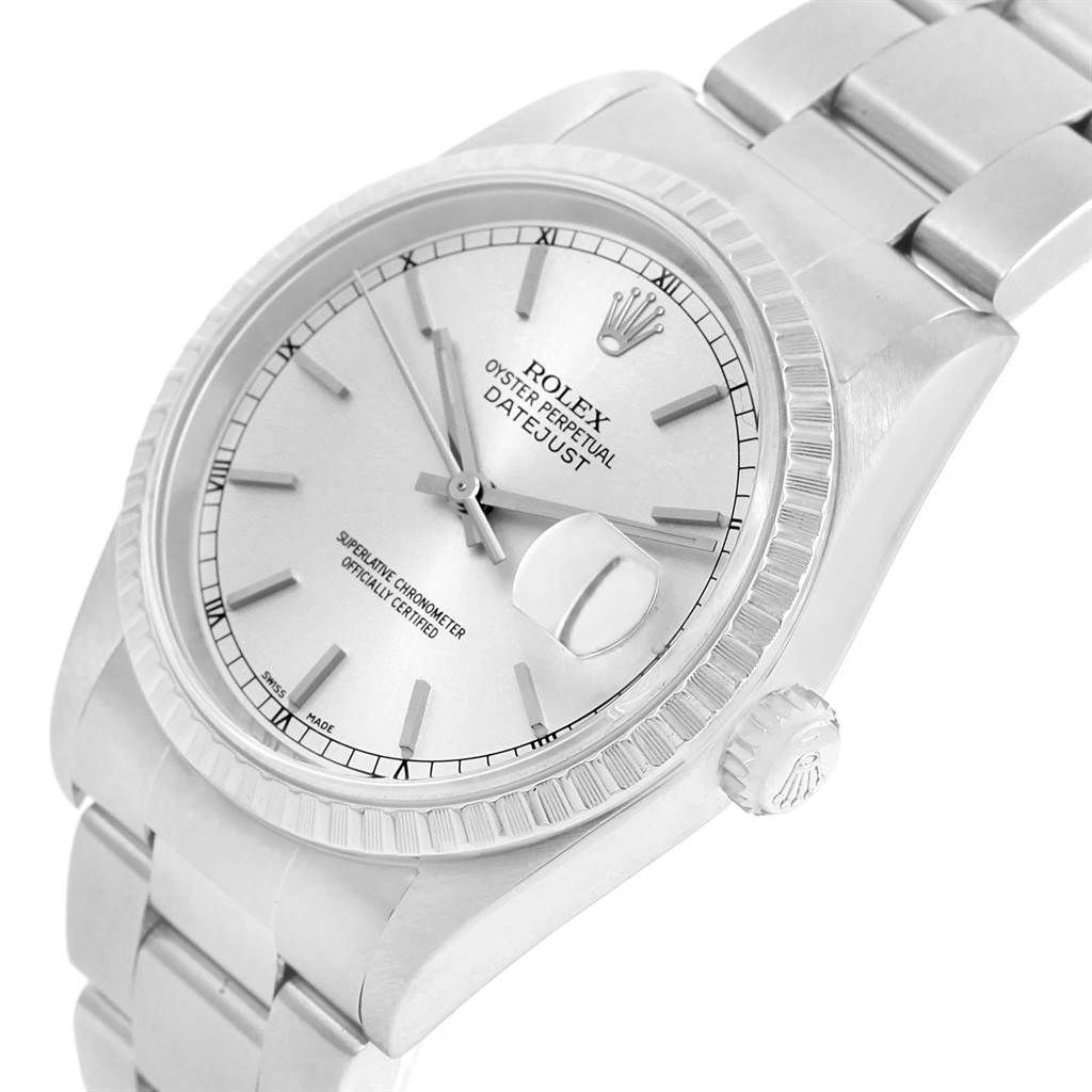 The image shows a silver Rolex Date 16220 Men's Stainless Steel Silver Dial 16220 Men's Stainless Steel Silver Dialjust timepiece at a slight angle, detailing its face, bezel, crown, and part of the bracelet.