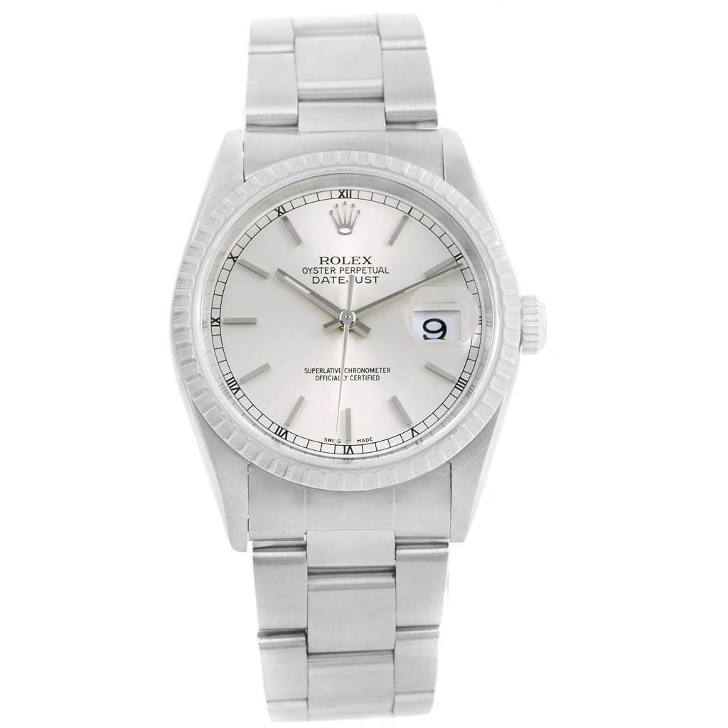This is a front view of a Rolex Date 16220 Men's Stainless Steel Silver Dial 16220 Men's Stainless Steel Silver Dialjust watch, showing the dial, bezel, bracelet, and date window.