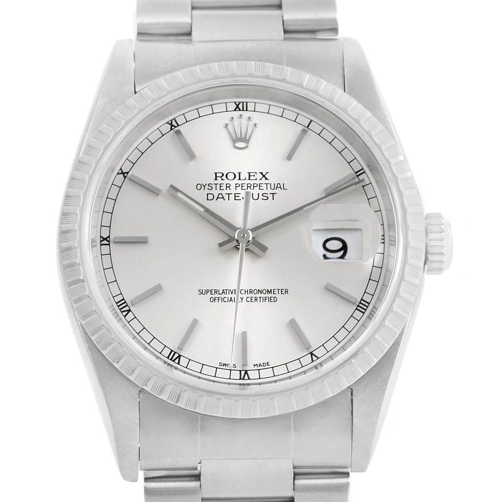 The image shows a close-up of the Rolex Date 16220 Men's Stainless Steel Silver Dial 16220 Men's Stainless Steel Silver Dialjust watch, highlighting the dial, bezel, crown, and part of the bracelet.