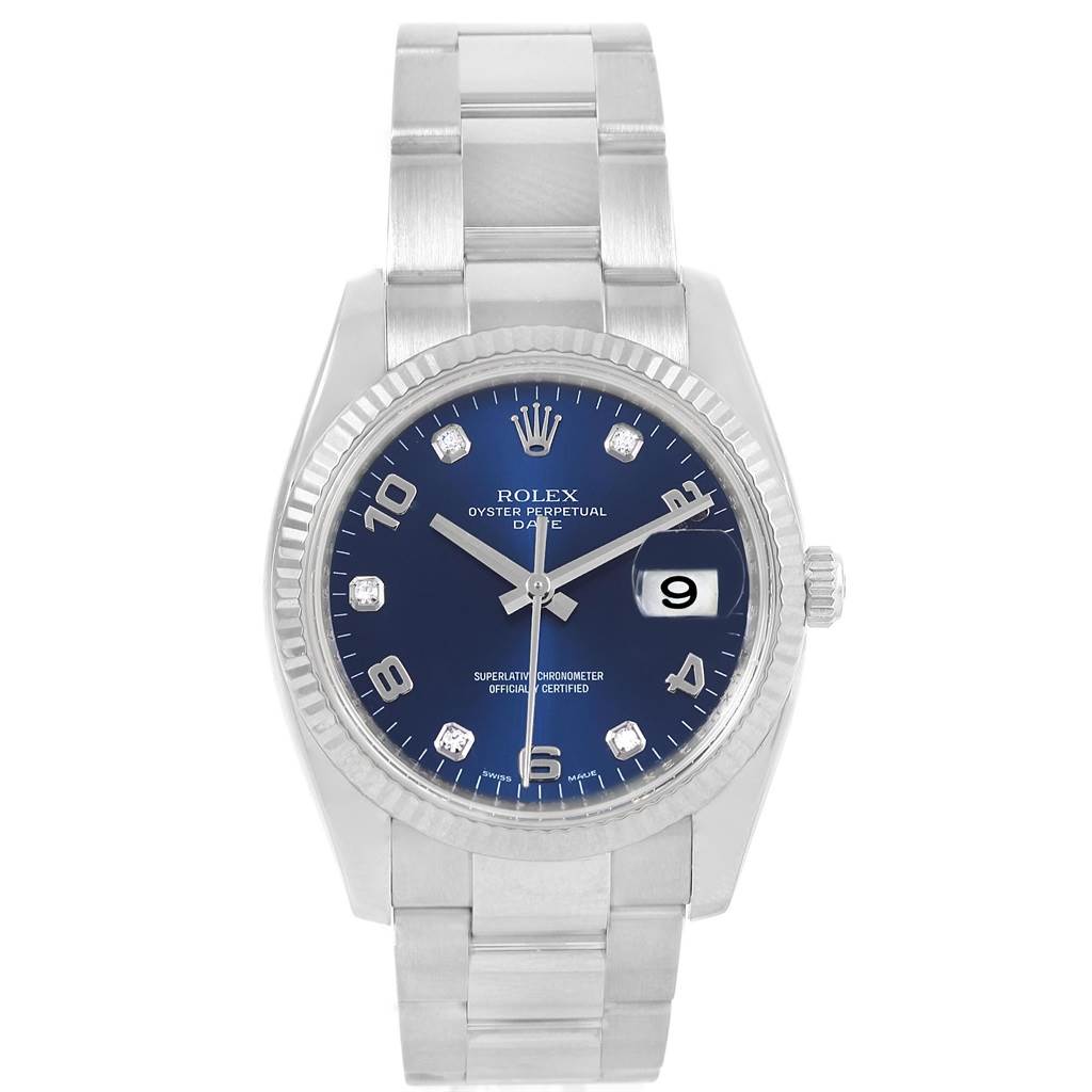 This image shows a frontal view of a Rolex Date 115234 Men's Stainless Steel Blue Dial 115234 Men's Stainless Steel Blue Dial model watch, highlighting its face, bezel, and bracelet.