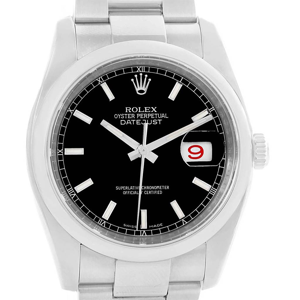 The image shows a close-up of the Rolex Date 116200 Men's Stainless Steel Black Dial 116200 Men's Stainless Steel Black Dialjust watch face and part of the stainless steel bracelet.