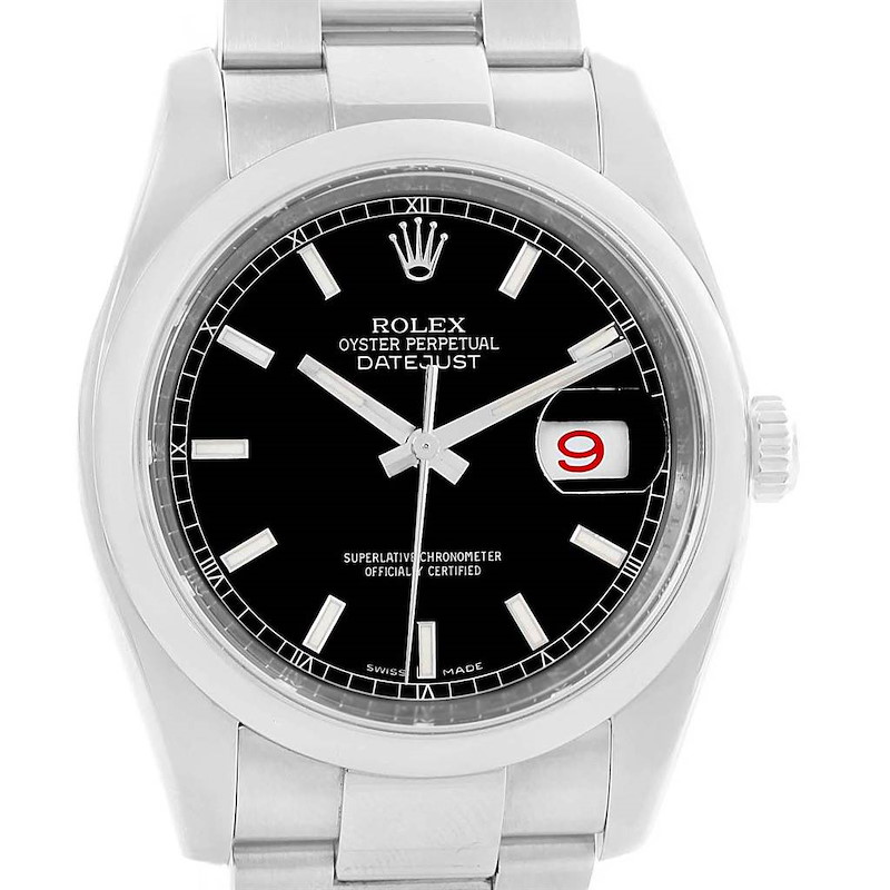 Rolex Datejust 36 Black Baton Dial Steel Mens Watch 116200 Box Card SwissWatchExpo