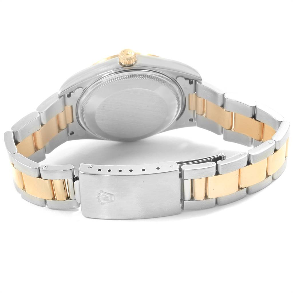 The image displays the back and bracelet of a Rolex Date 15223 Men's Steel and Gold (two tone) White Dial 15223 Men's Steel and Gold (two tone) White Dial model watch, showcasing the clasp and case back.