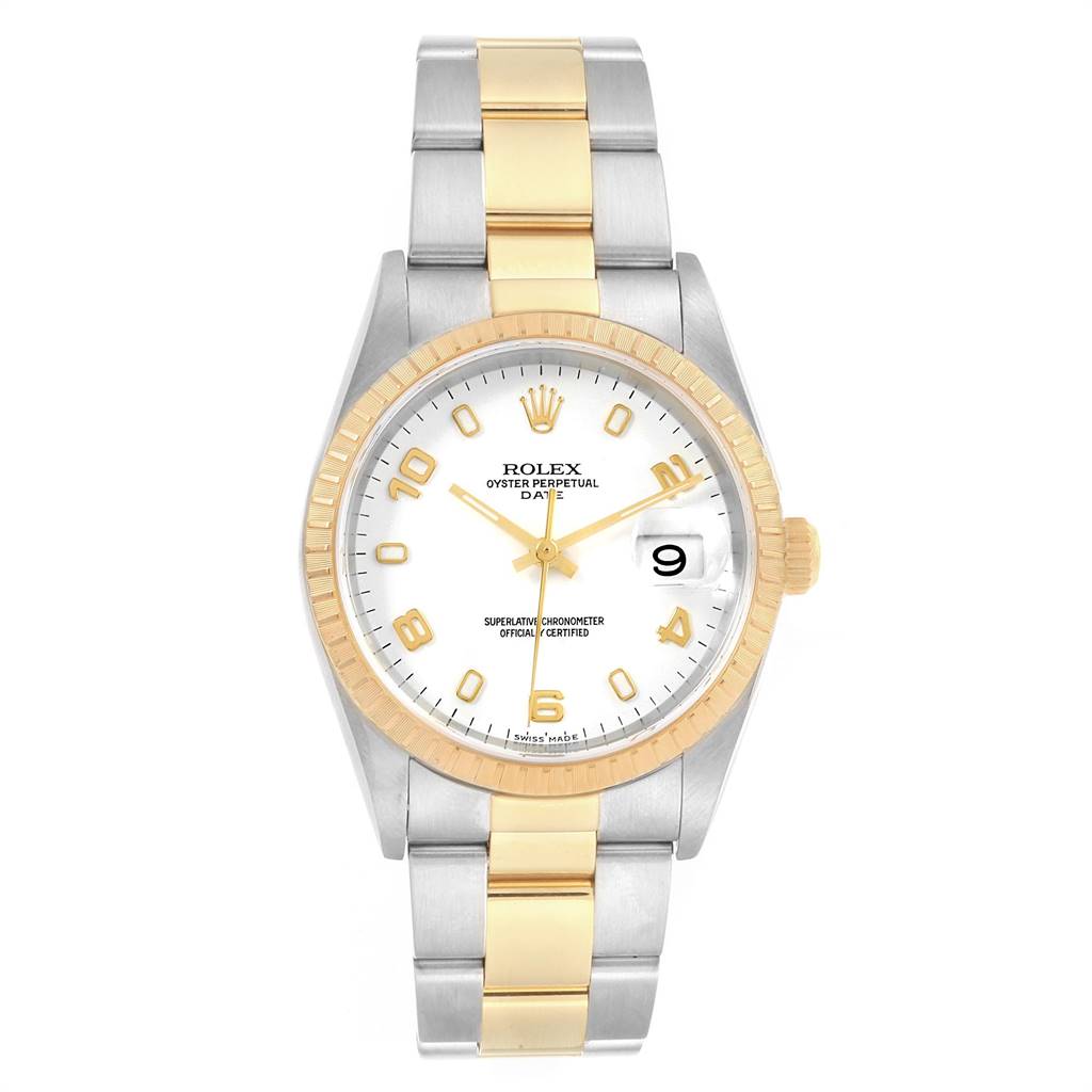 The image shows a frontal view of the Rolex Date 15223 Men's Steel and Gold (two tone) White Dial 15223 Men's Steel and Gold (two tone) White Dial model watch, highlighting its two-tone bracelet and date window.