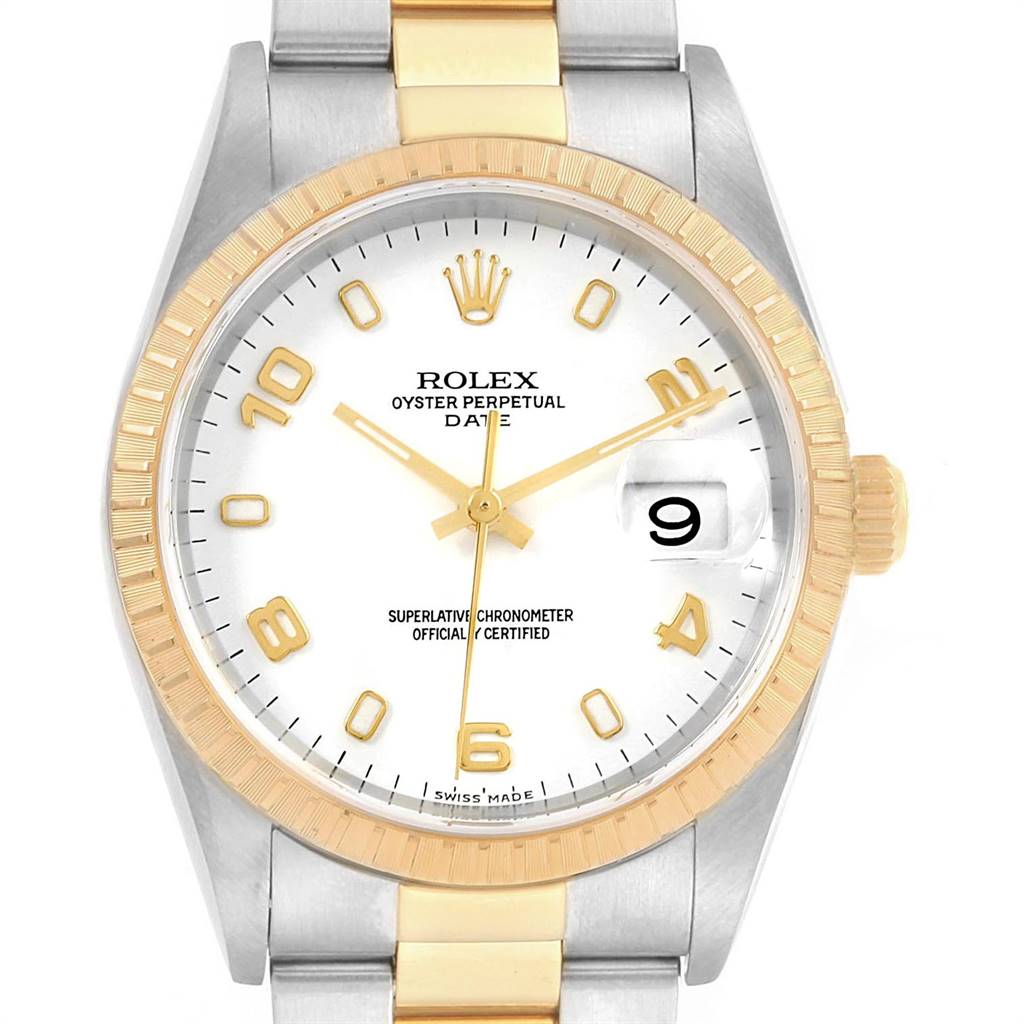 This image shows the face, bezel, and part of the bracelet of a Rolex Date 15223 Men's Steel and Gold (two tone) White Dial 15223 Men's Steel and Gold (two tone) White Dial model watch from the front angle.