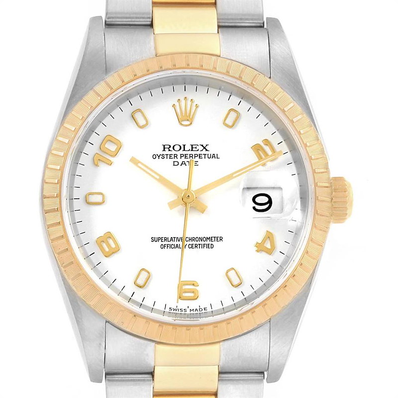 Rolex Date Yellow Gold Steel White Dial Oyster Bracelet Watch 15223 SwissWatchExpo