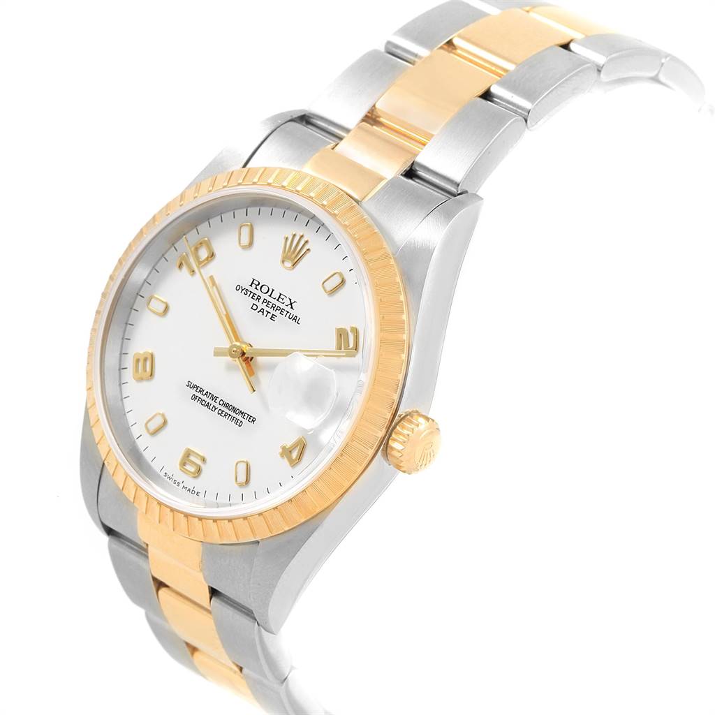 The image shows a Rolex Date 15223 Men's Steel and Gold (two tone) White Dial 15223 Men's Steel and Gold (two tone) White Dial model watch at a 3/4 angle, highlighting the dial, bezel, crown, and part of the bracelet.