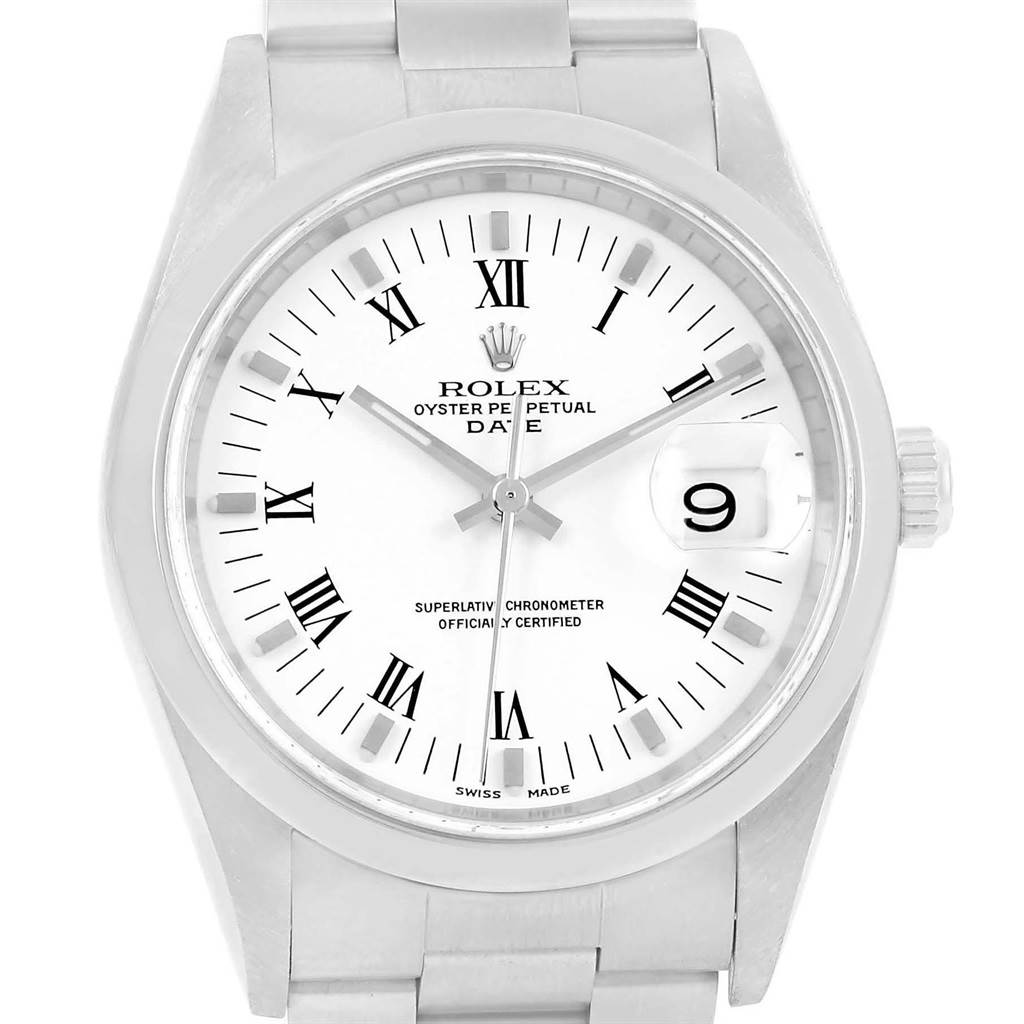 The Rolex Date 15200 Men's Stainless Steel White Dial 15200 Men's Stainless Steel White Dial model is shown from the front, displaying its face, hands, crown, and part of the bracelet.