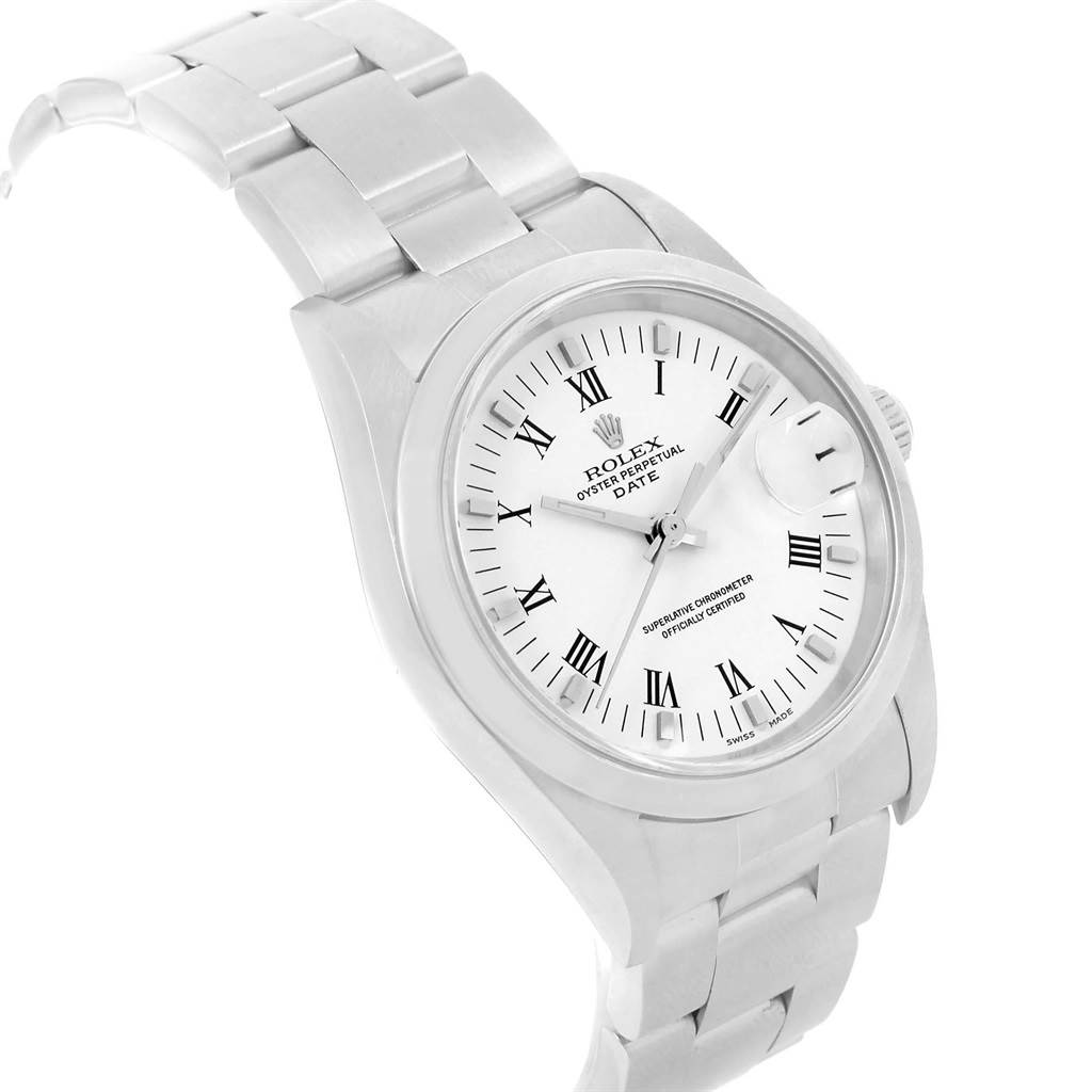 The image shows a Rolex Date 15200 Men's Stainless Steel White Dial 15200 Men's Stainless Steel White Dial model watch from an angled view, highlighting its face, bezel, and part of the bracelet.