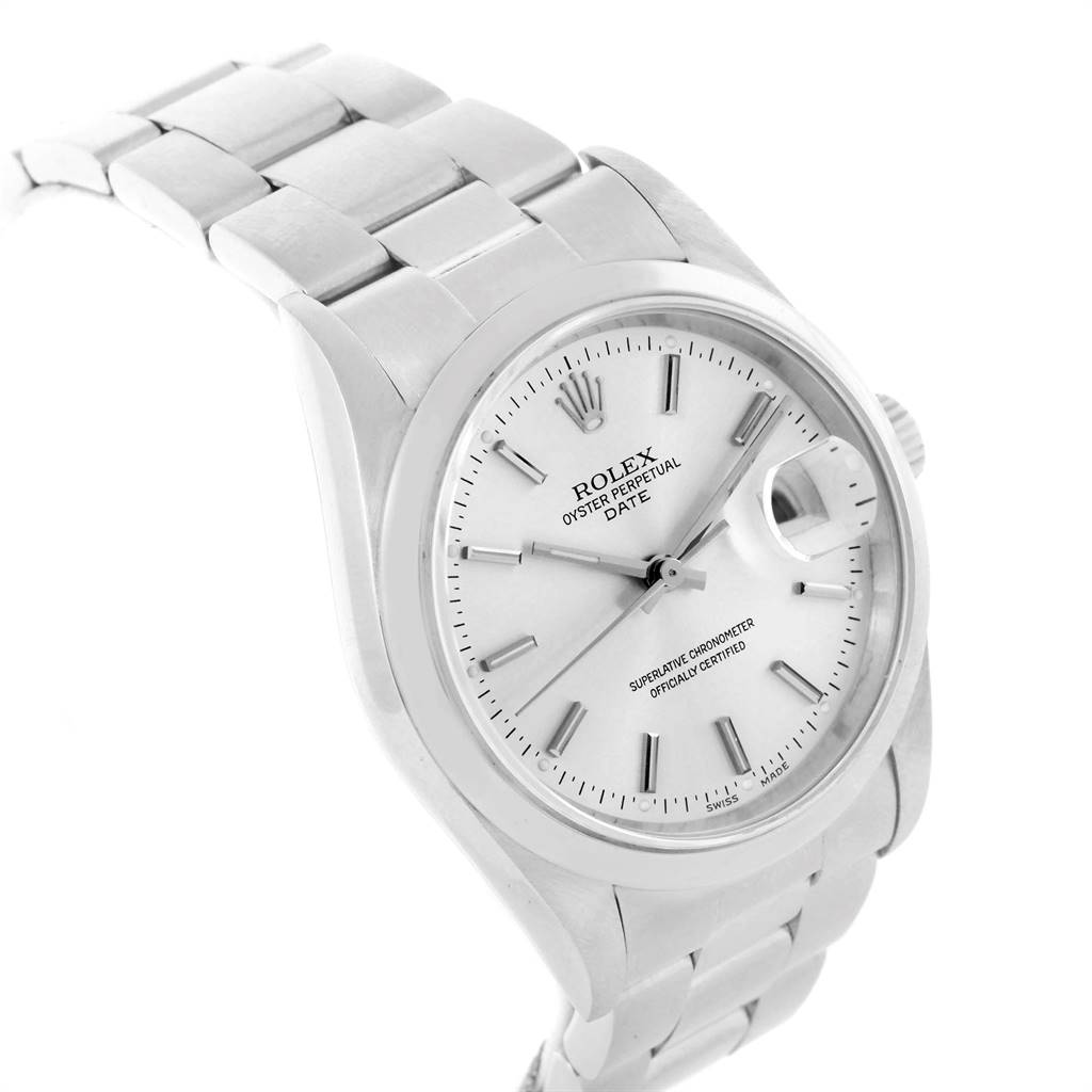 The image shows a Rolex Date 15200 Men's Stainless Steel Silver Dial 15200 Men's Stainless Steel Silver Dial model watch from a slight side angle, highlighting the face, bracelet, and case details.