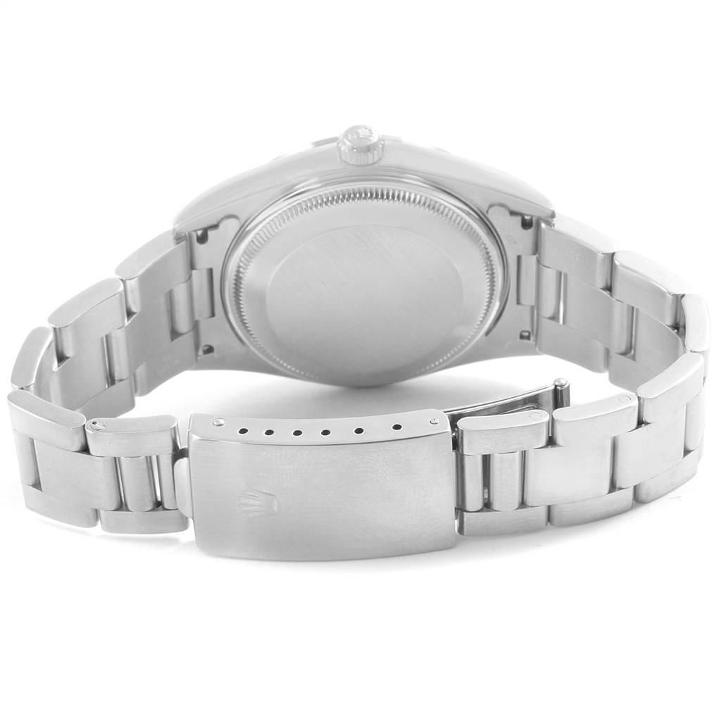 This is a rear view of a Rolex Date 15200 Men's Stainless Steel Silver Dial 15200 Men's Stainless Steel Silver Dial model watch showing its case back and stainless steel bracelet.