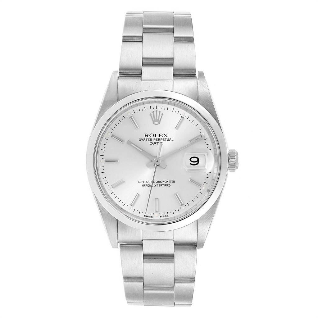This image shows a front view of the Rolex Date 15200 Men's Stainless Steel Silver Dial 15200 Men's Stainless Steel Silver Dial model watch, displaying the dial, bracelet, and crown.