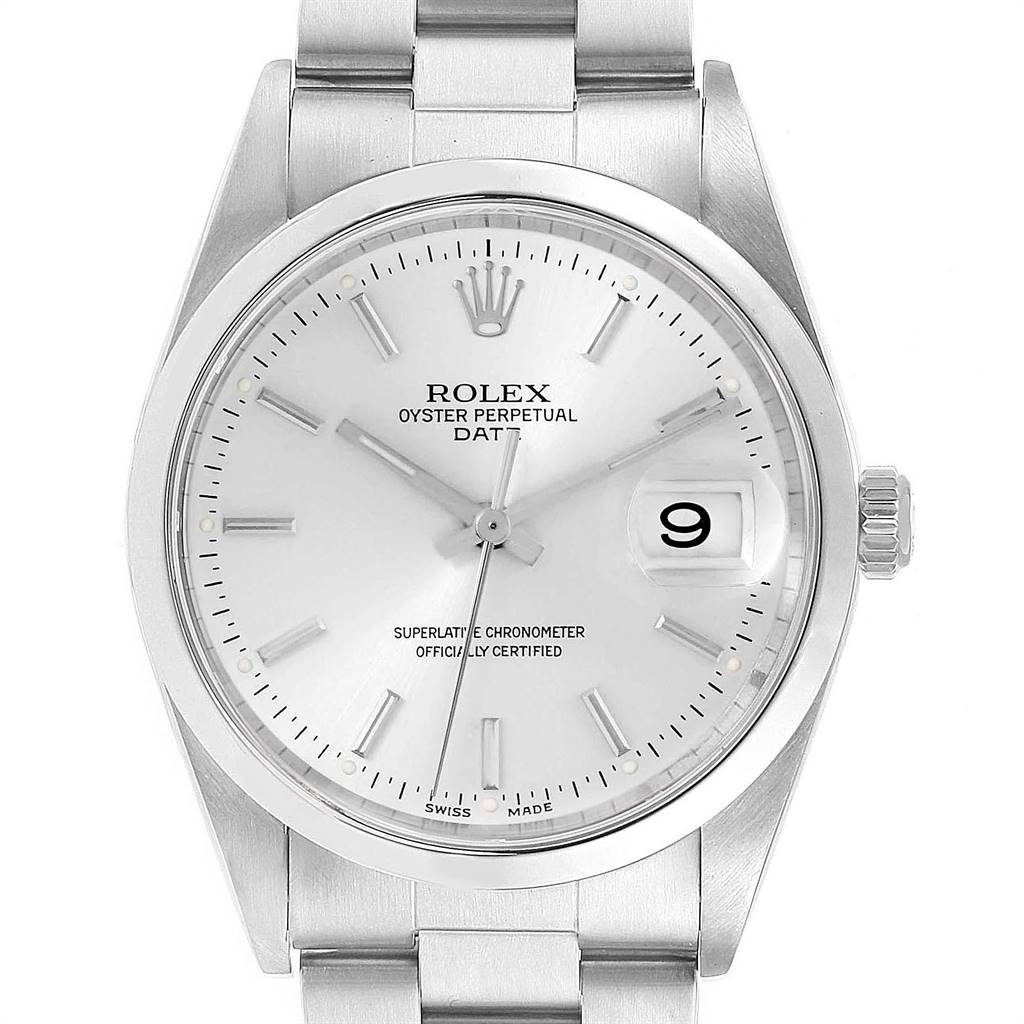 The image shows a front view of the Rolex Oyster Perpetual Date watch, highlighting its face, bezel, and bracelet.